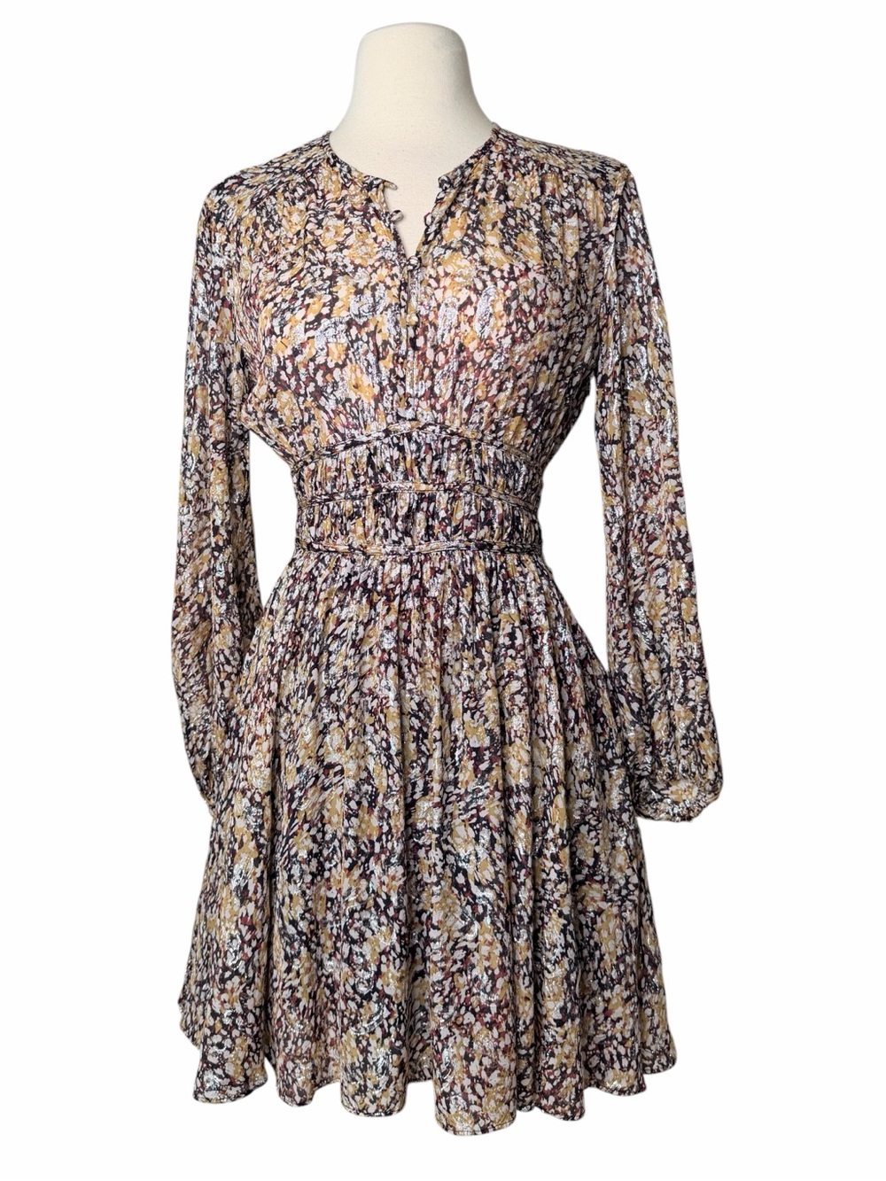 MAJE Gathered Printed Metallic FIL Coupé Dress. Size 4.
